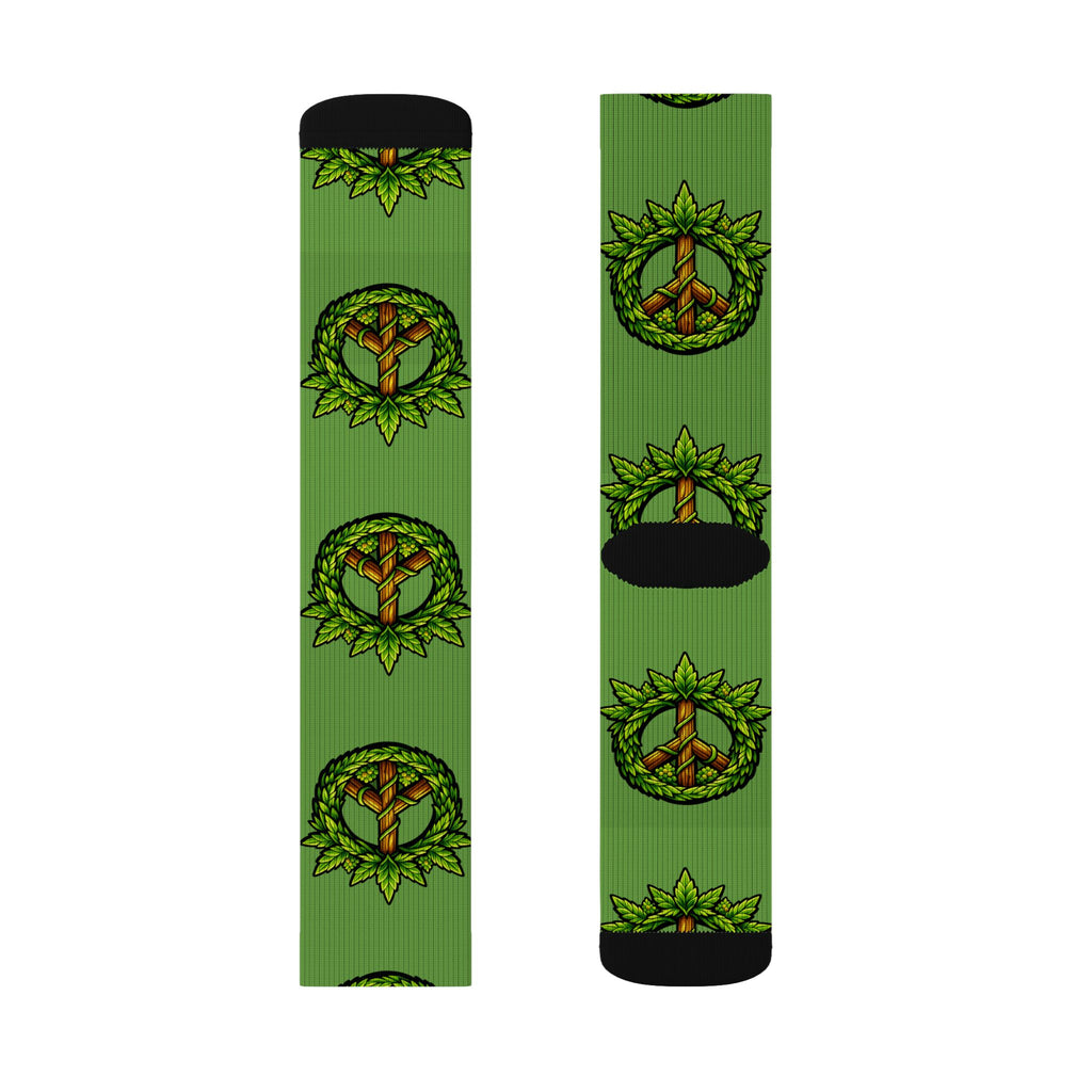 Green Peace Mandala Socks — Eco Leaf Pattern Sublimation Crew Socks