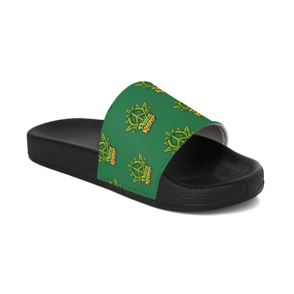 Cannabis Leaf Green Slide Sandals — Womens Graphic Beach Slides