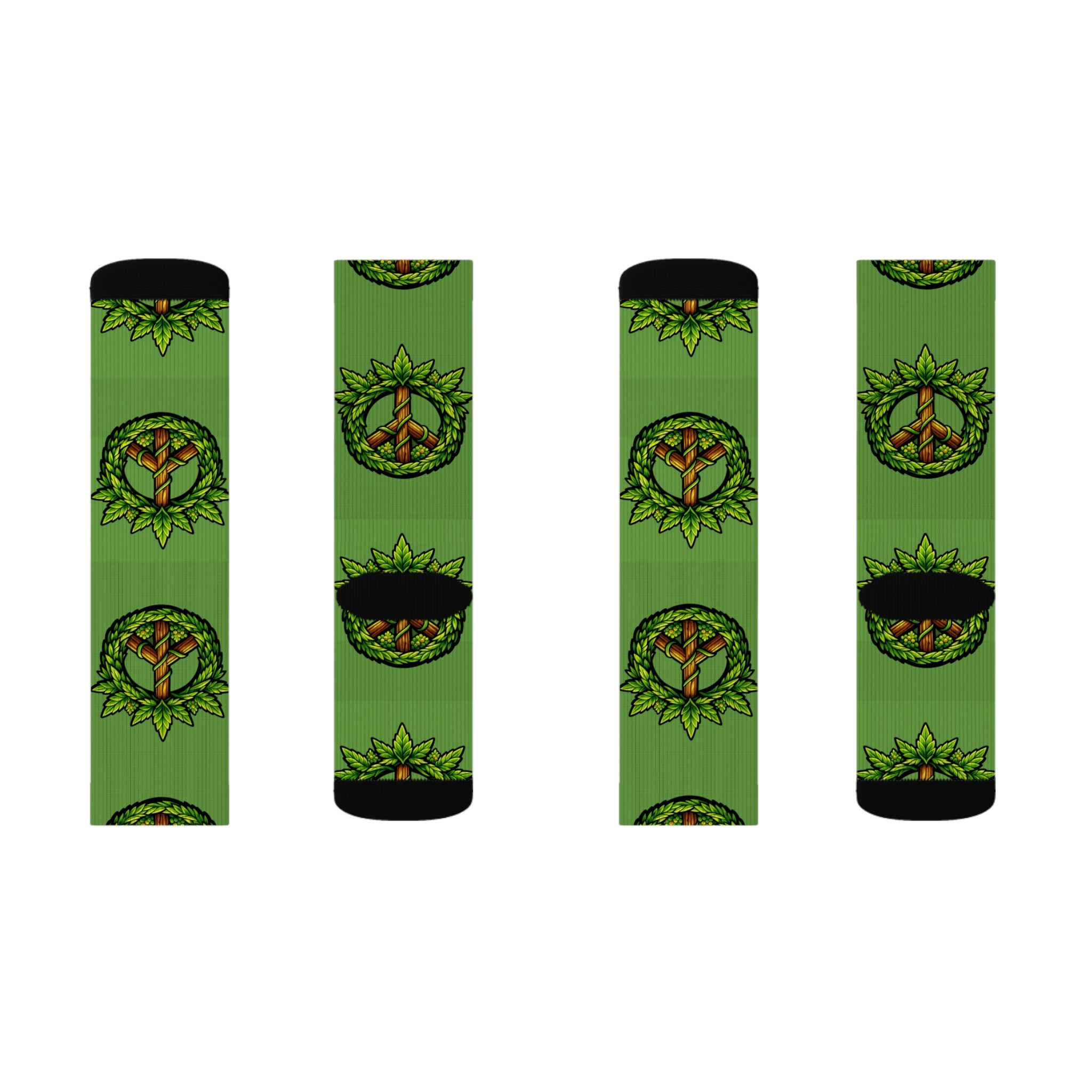 Green Peace Mandala Socks — Eco Leaf Pattern Sublimation Crew Socks