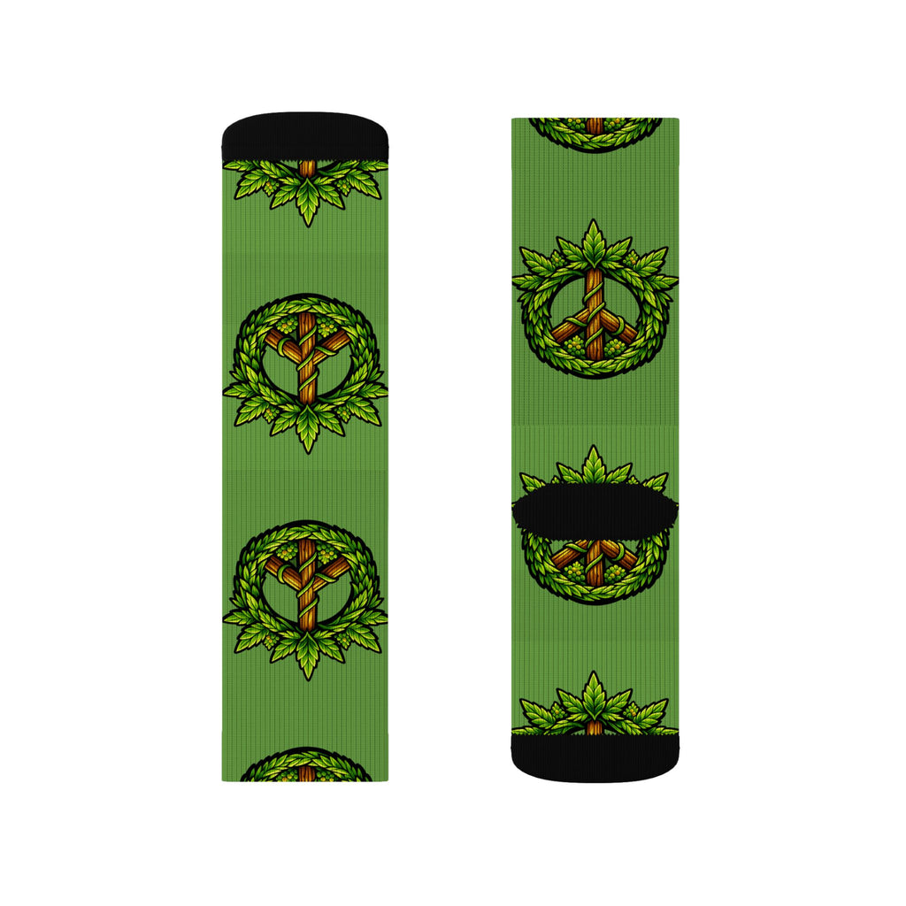 Green Peace Mandala Socks — Eco Leaf Pattern Sublimation Crew Socks
