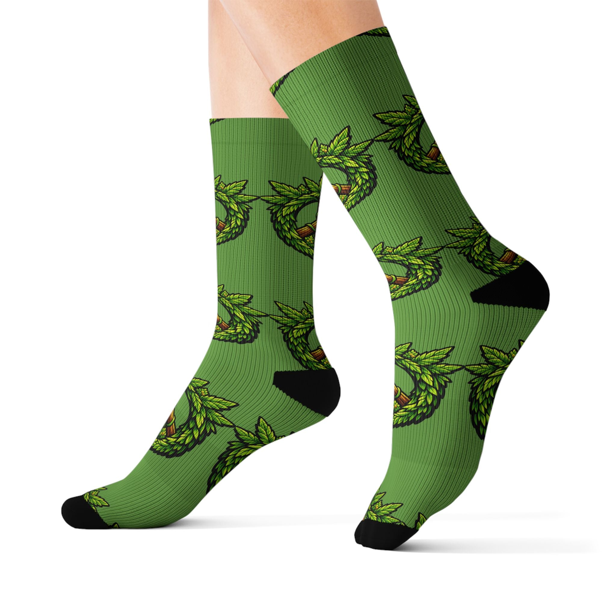 Green Peace Mandala Socks — Eco Leaf Pattern Sublimation Crew Socks