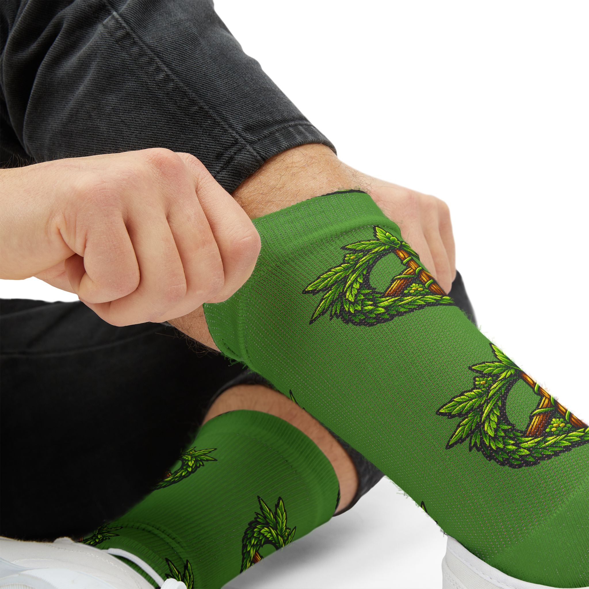 Green Peace Mandala Socks — Eco Leaf Pattern Sublimation Crew Socks