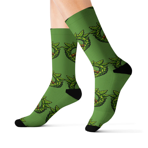 Green Peace Mandala Socks — Eco Leaf Pattern Sublimation Crew Socks