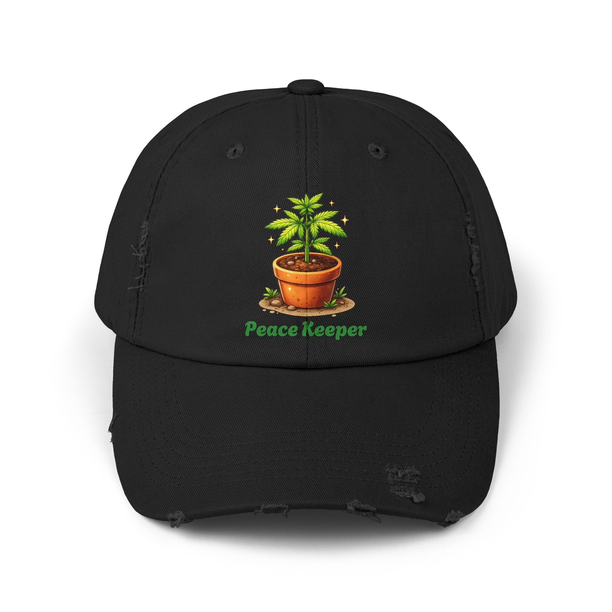 Peace Keeper Plant Hat — Distressed Black Baseball Cap