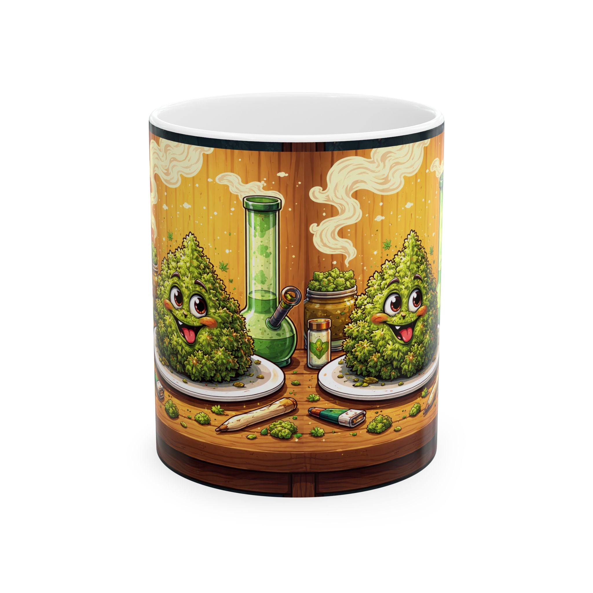 Cannabis Buds Ceramic Mug – Cute Smiling Weed Art Coffee Cup (11oz/15oz)