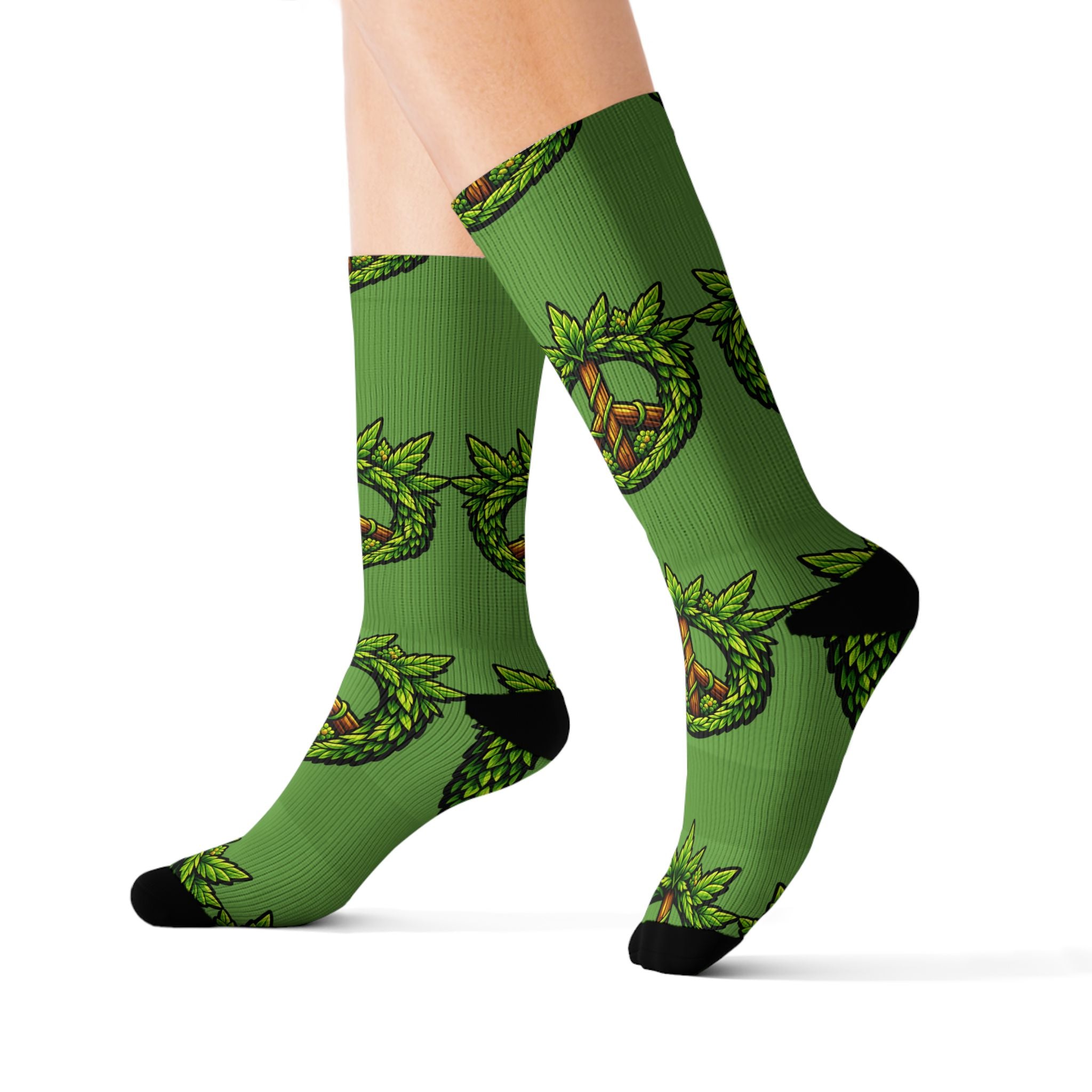 Green Peace Mandala Socks — Eco Leaf Pattern Sublimation Crew Socks