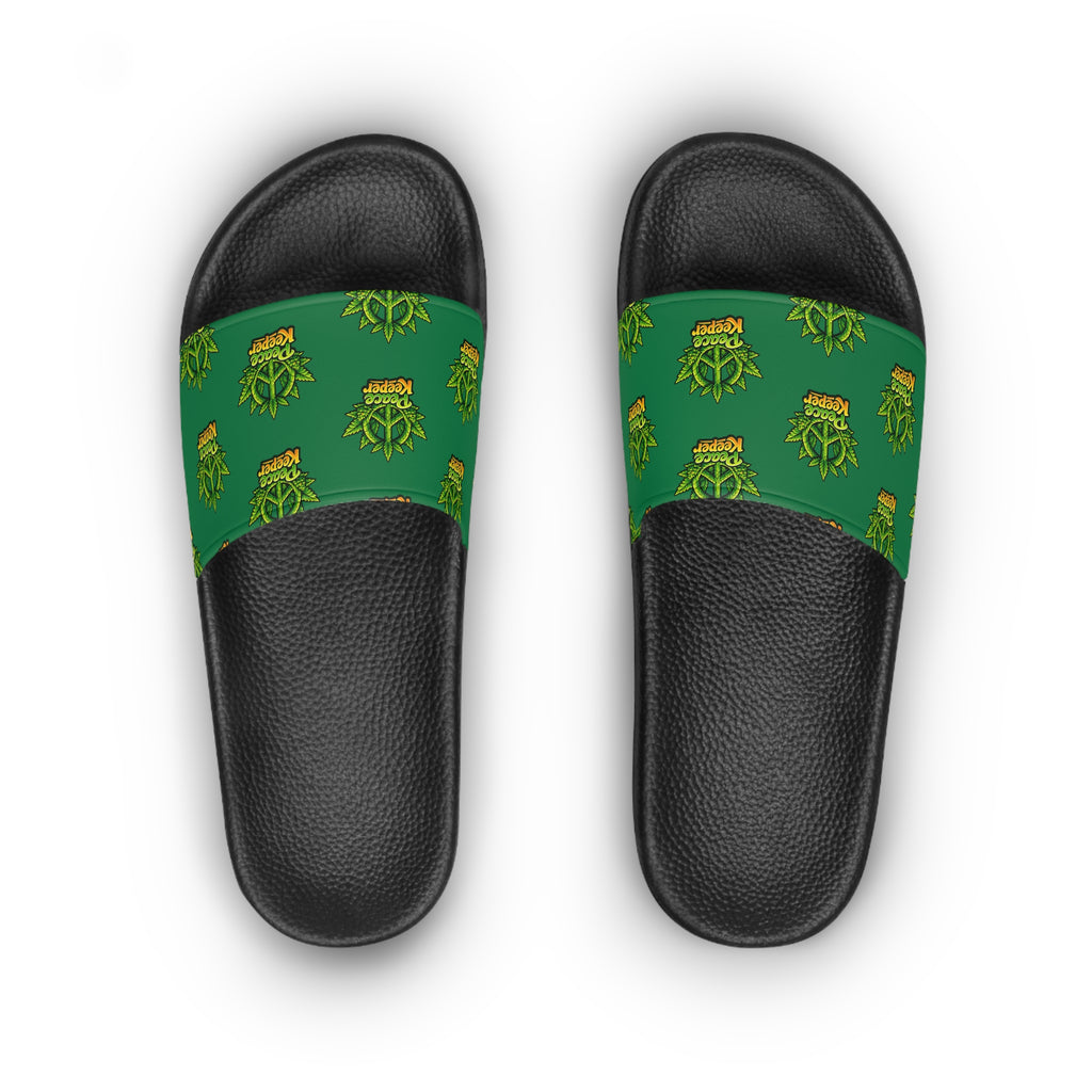 Cannabis Leaf Green Slide Sandals — Womens Graphic Beach Slides